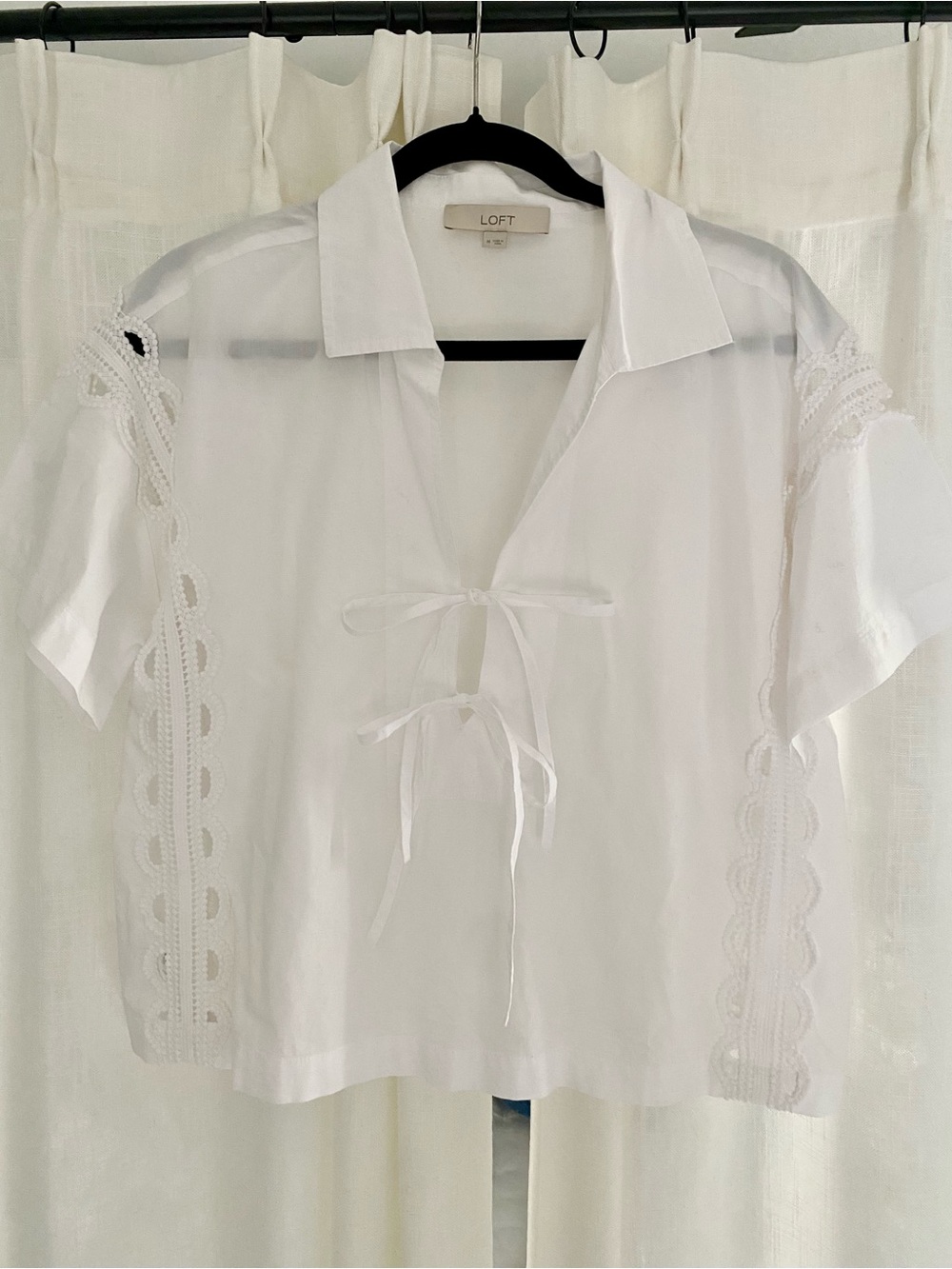 LOFT White Tie-Front Eyelet Lace Short Sleeve Top